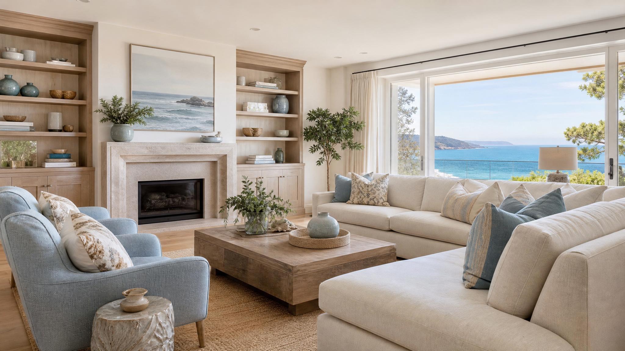 Example of living room with soft blue and sandy neutrals