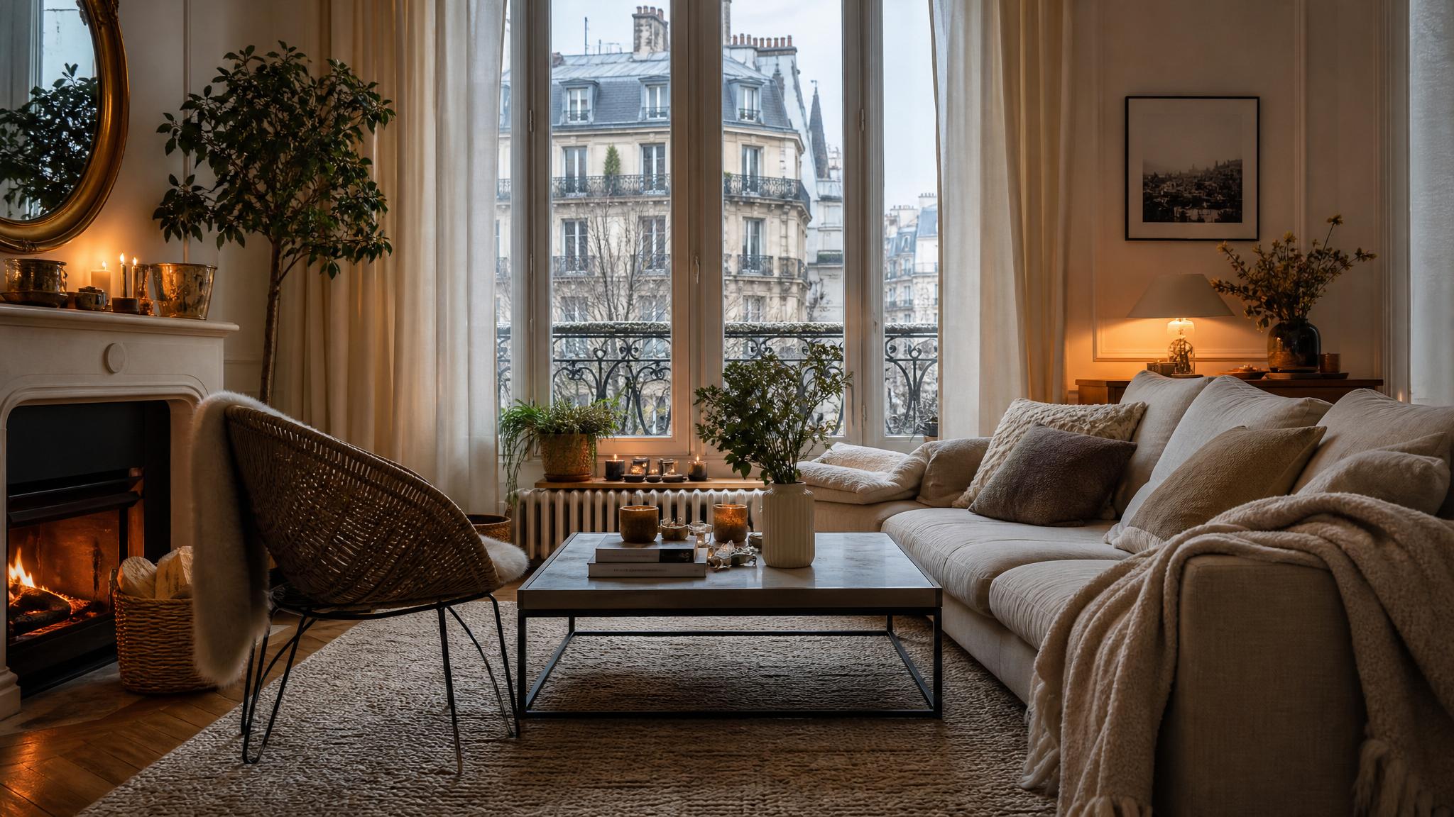 Image of a cozy Parisian living room during winter, showcasing textiles and warm lighting.