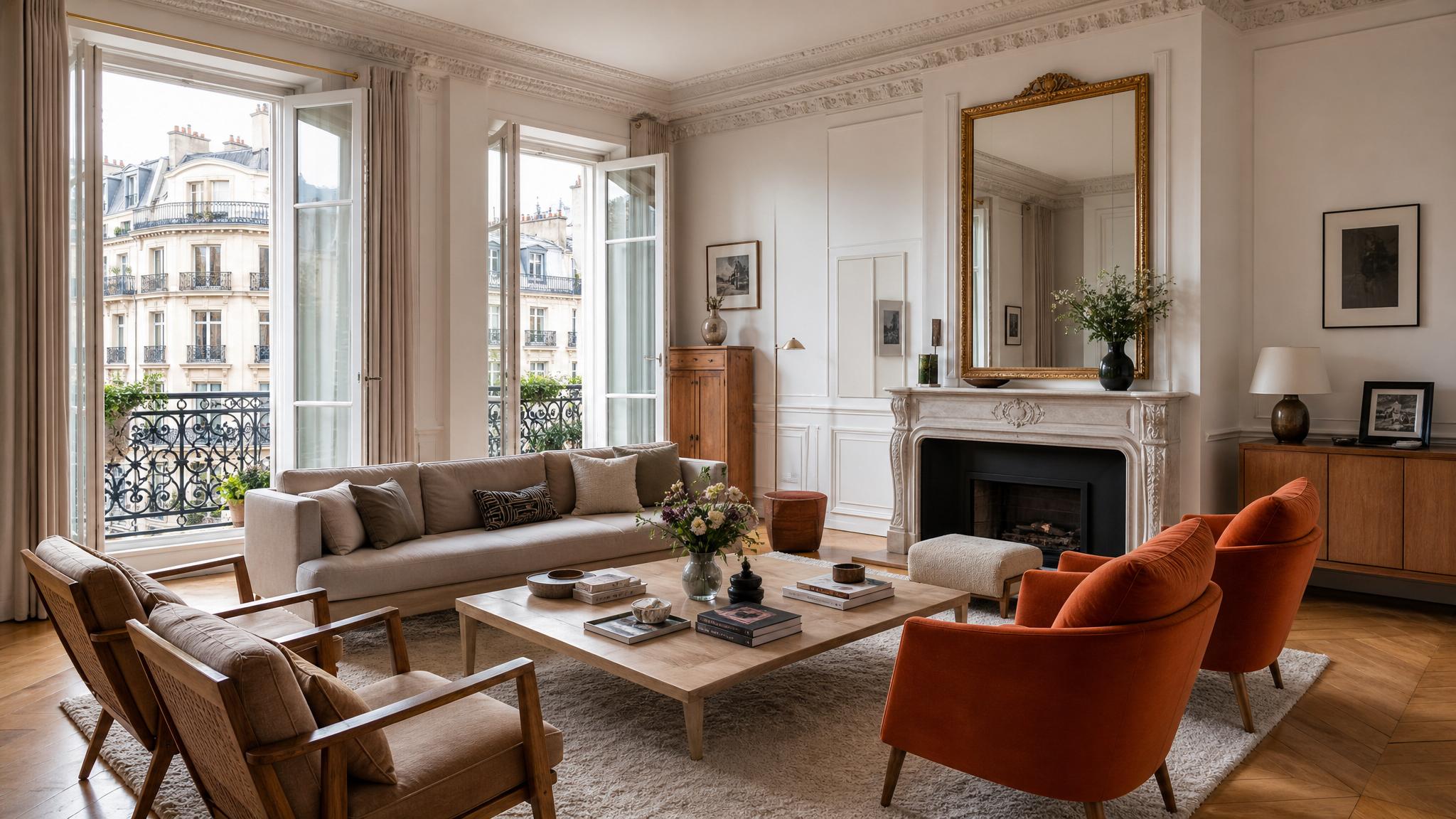 Image of a well-arranged Parisian living room with a cozy layout for gatherings.