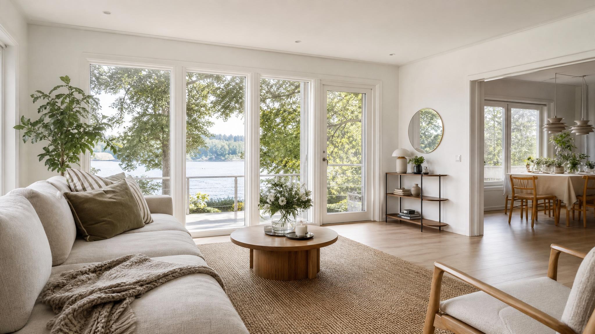 A bright, airy Scandinavian living room with large windows and light wood flooring.