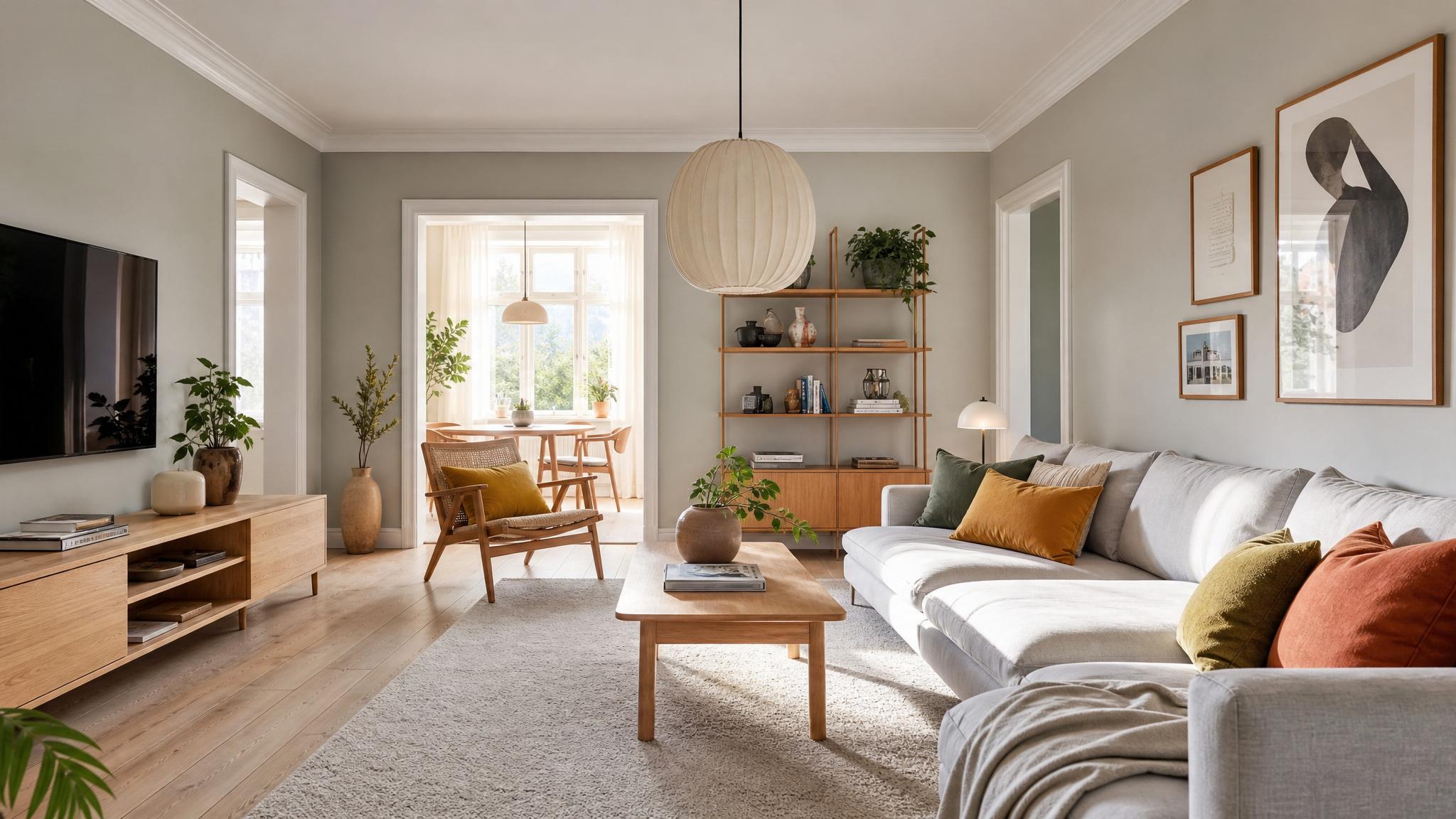A Scandinavian living room featuring neutral colors with colorful accents.