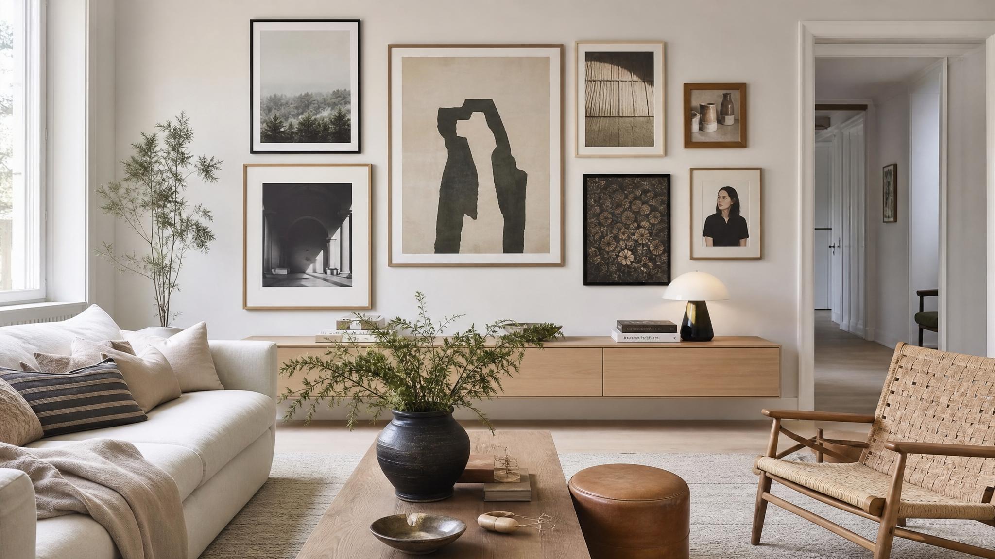 A Scandinavian living room with a gallery wall of diverse artwork.