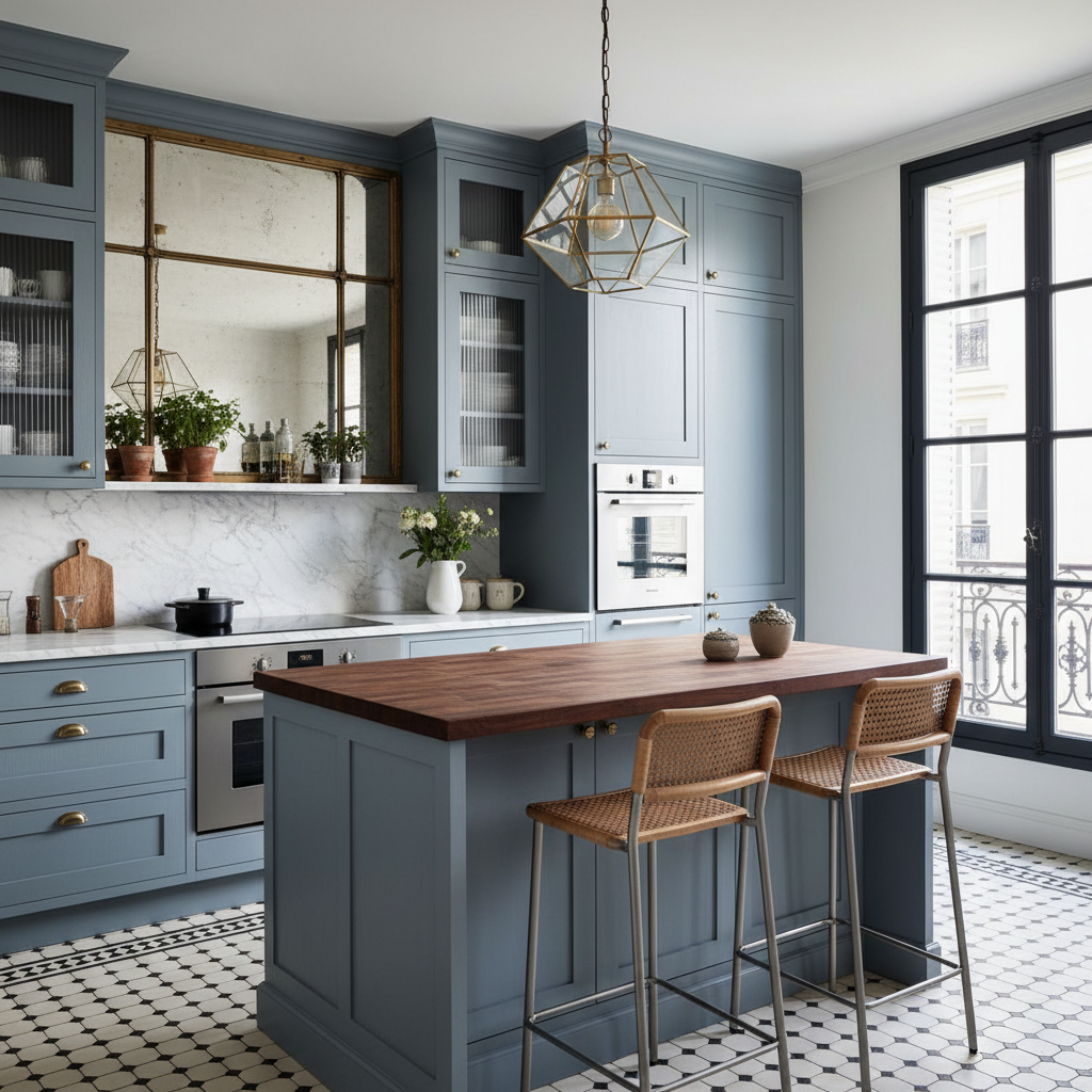 A stylish Parisian kitchen featuring elegant design elements, such as vintage cabinets and modern appliances.