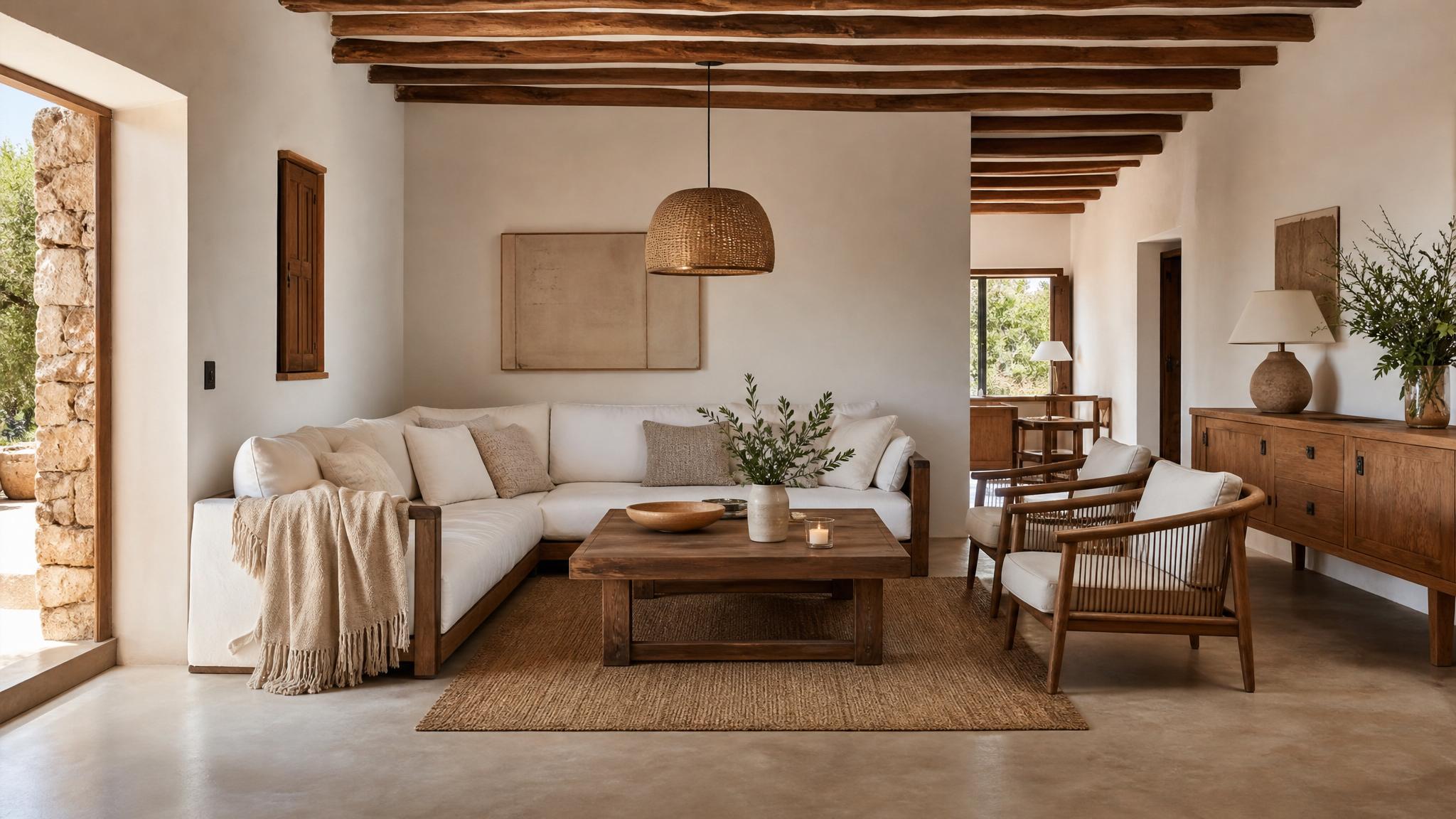 A beautifully staged small rustic living room in a villa featuring natural wood furniture and soft textiles.