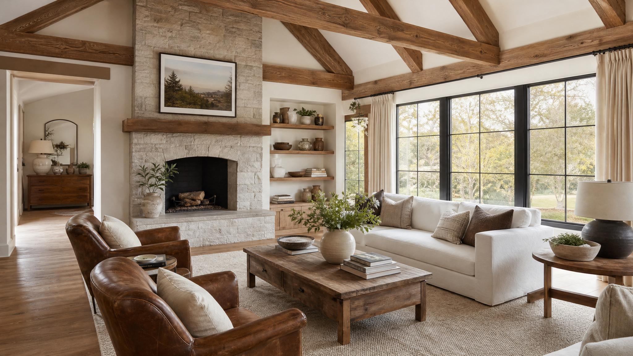 A rustic living room color palette featuring earthy tones and soft whites.