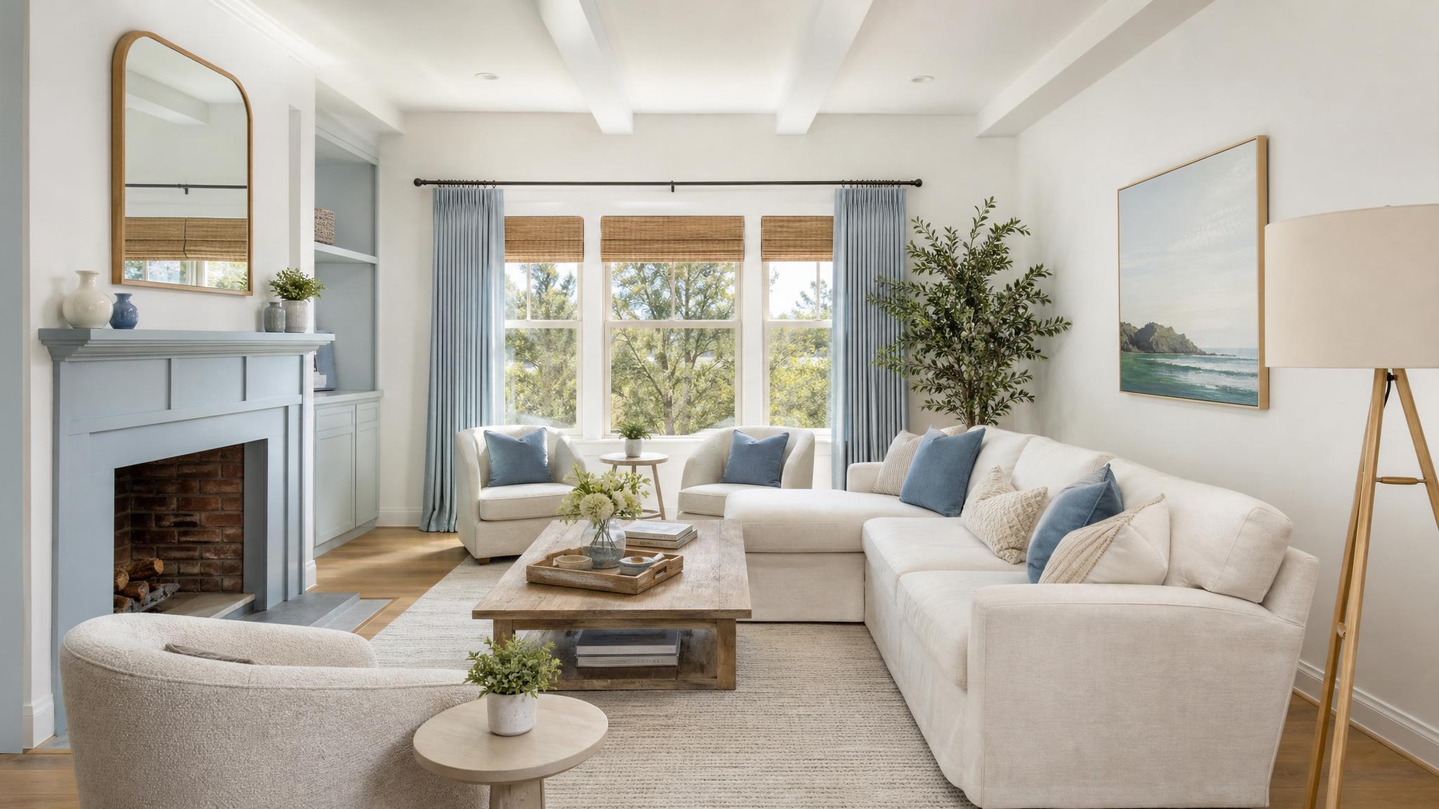 Display a living room featuring soft white walls with pale blue accents.
