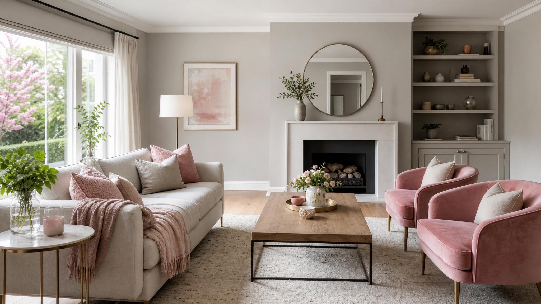 Show a living room with light grey walls and muted pink accents.