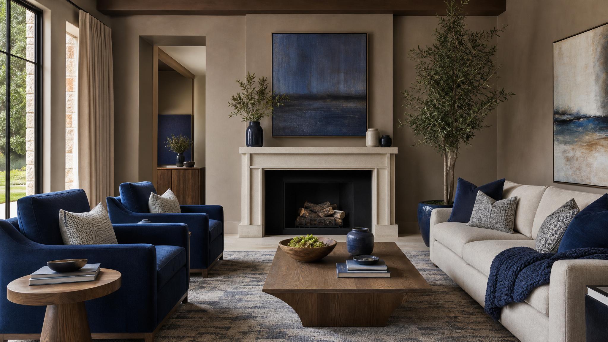 Display a living room with taupe walls and deep indigo decor elements.