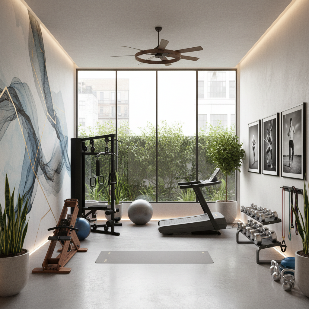 Modern home gym layout with sleek equipment and motivational wall art.
