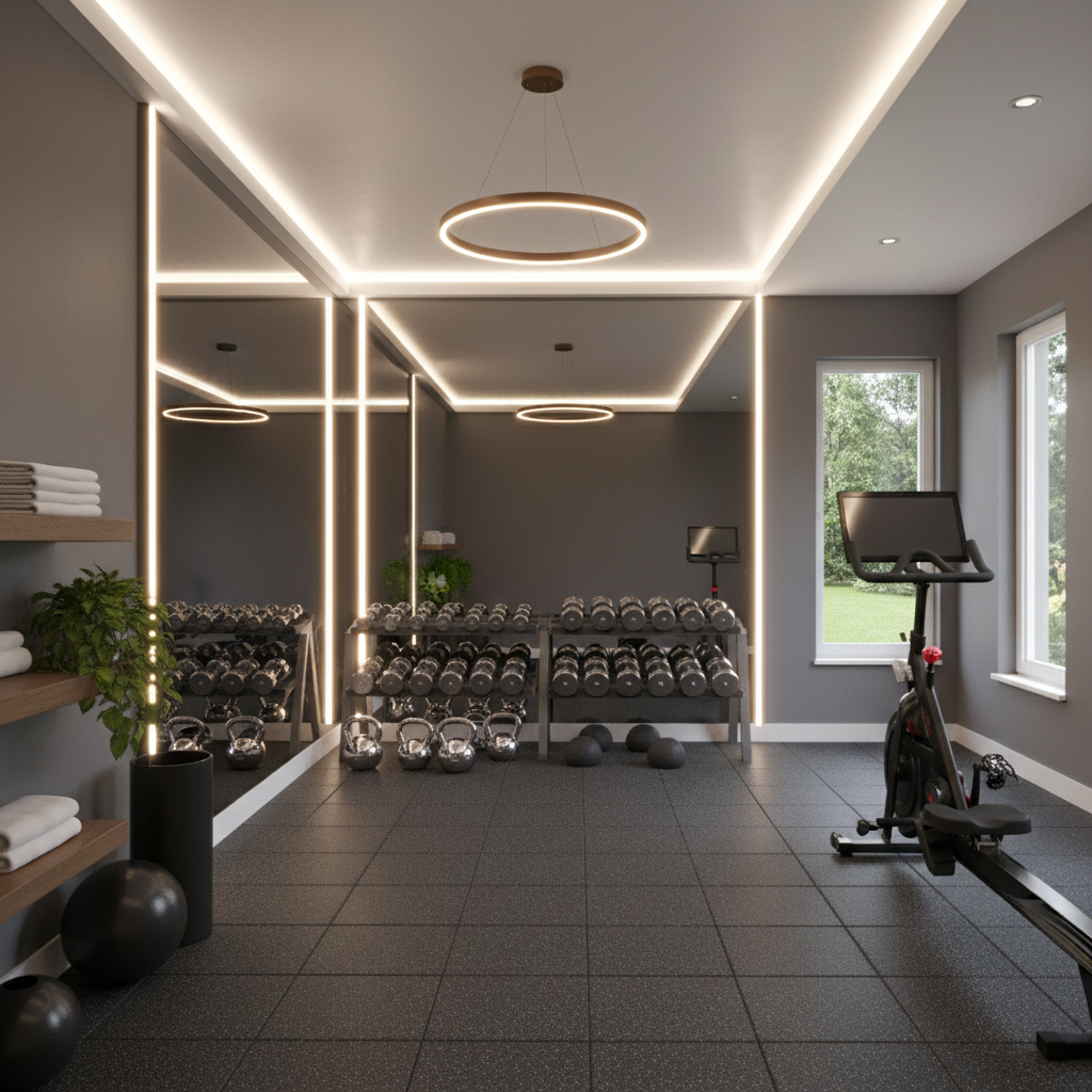 Stylish and organized home gym space featuring mirrors, proper lighting, and quality flooring.
