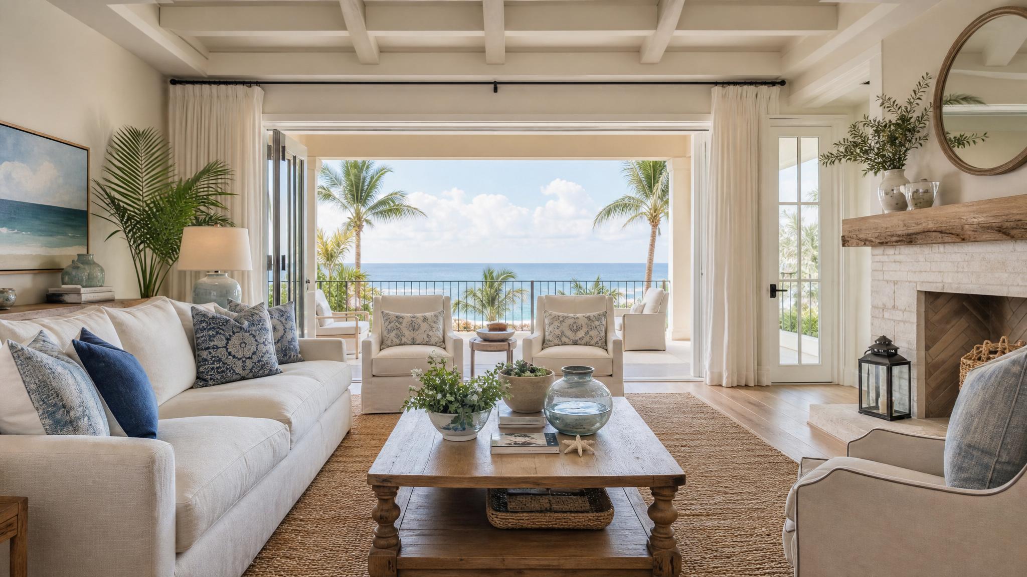 A bright and airy coastal living room with light-colored furniture and seaside decor.