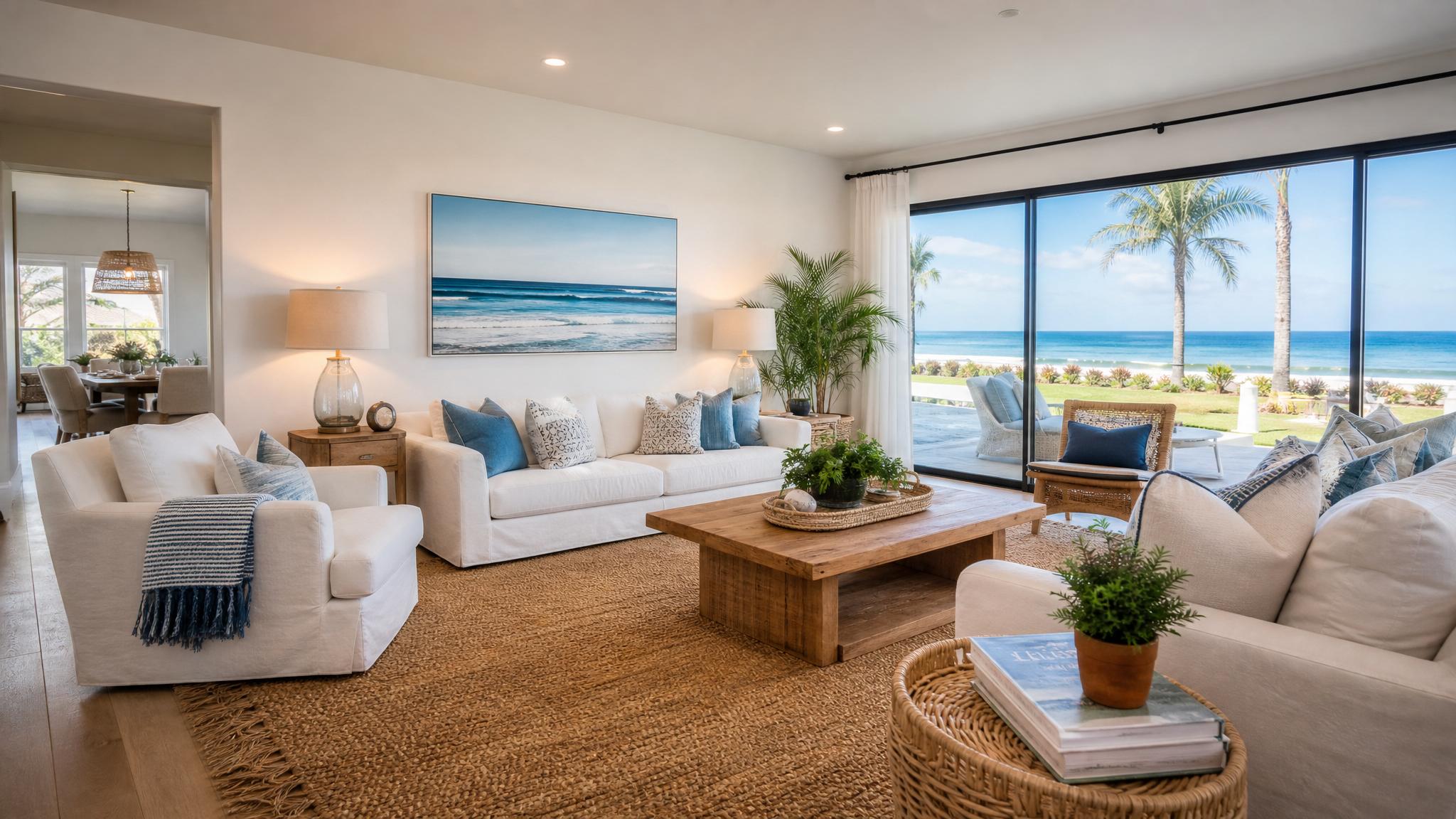 A beautifully decorated coastal living room with accessories such as jute rugs and ocean-themed artwork.