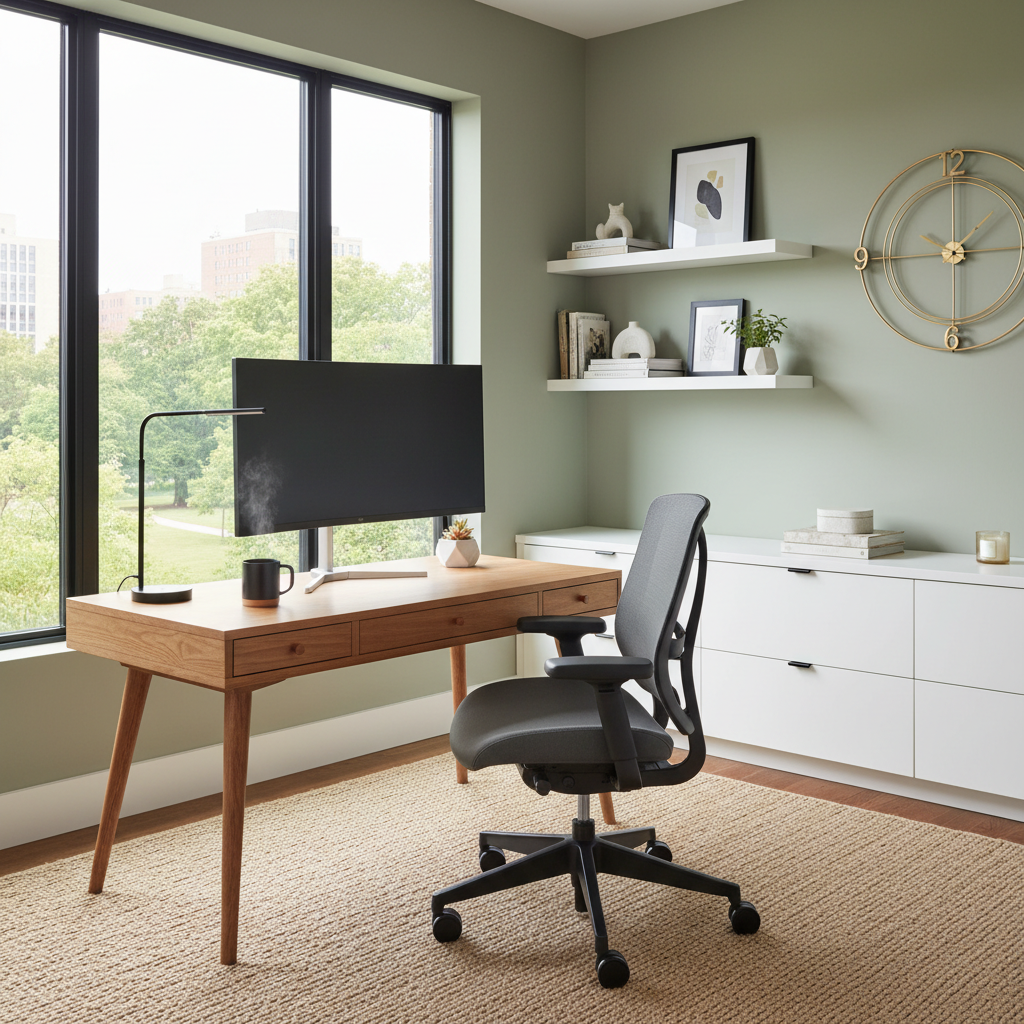 A well-lit home office with a stylish desk and ergonomic chair