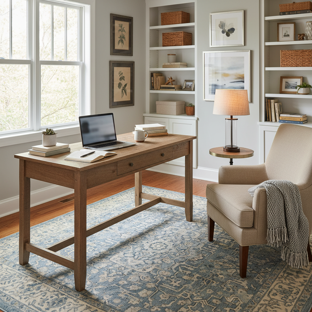 A cozy home office featuring a desk with a laptop and an open notebook