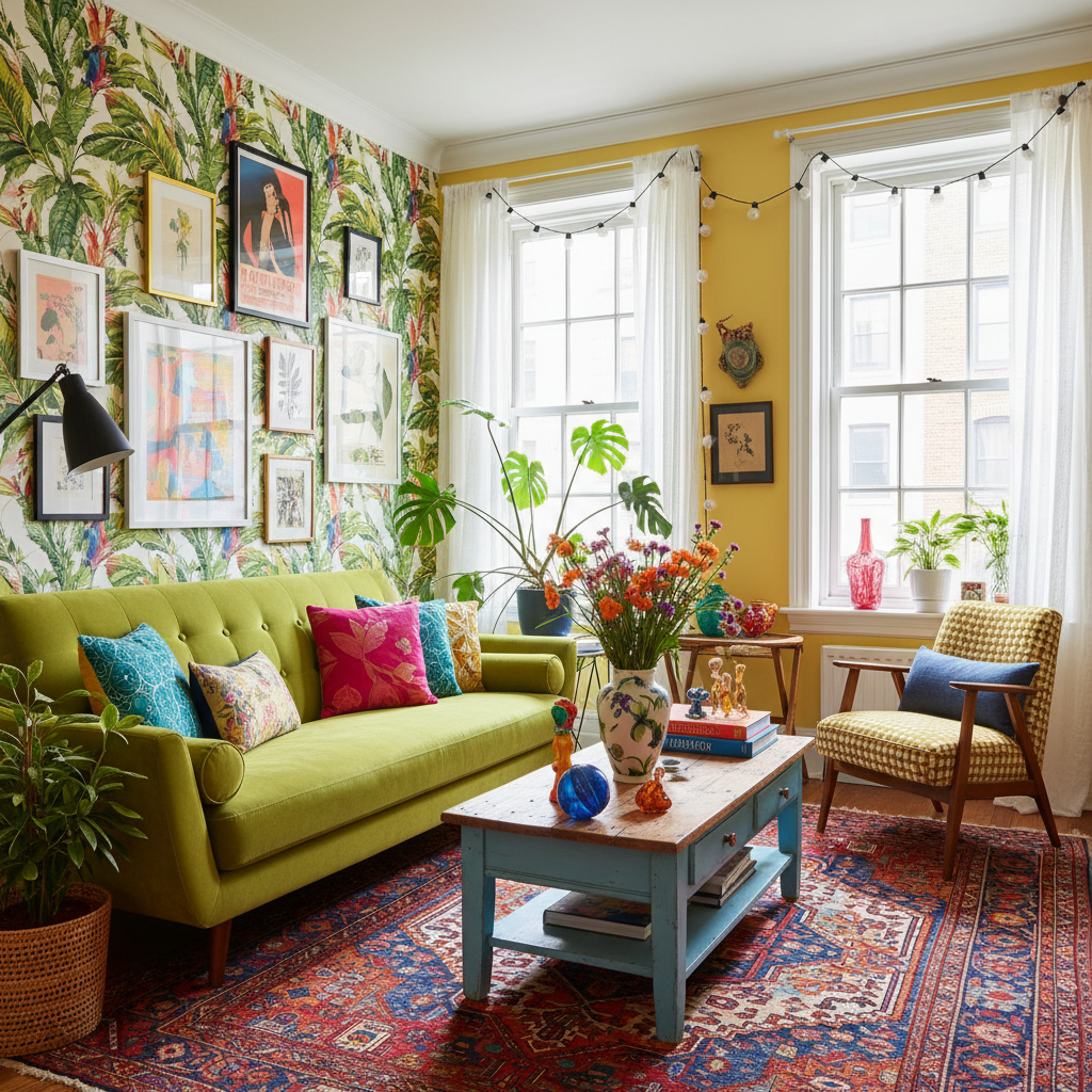 A vibrant, eclectic small living room with a mix of furniture styles and bright colors.