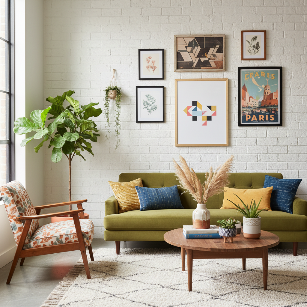 Eclectic decor items, such as wall art and plants, in a small living room setting.