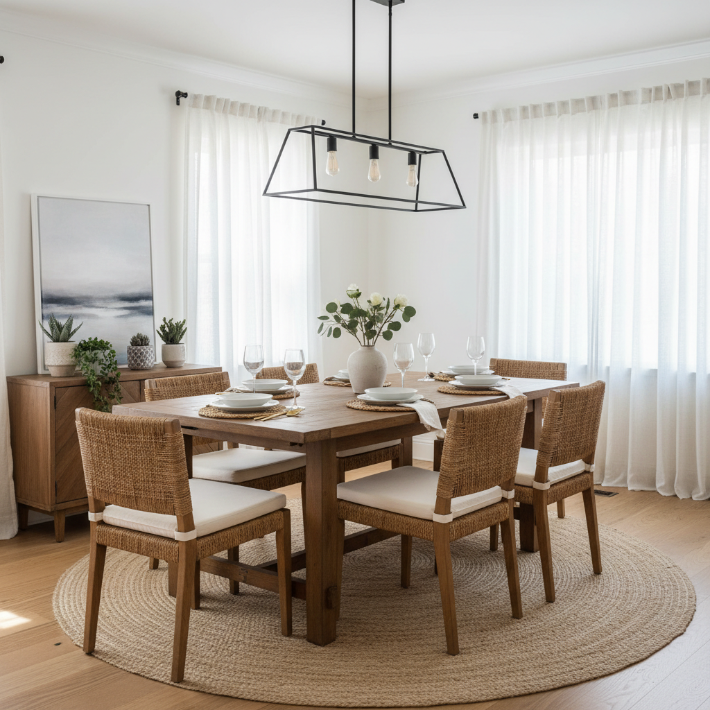 A clean and well-decorated dining room, featuring a simple table setting and minimal decor.