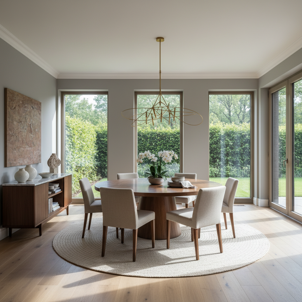 A dining room illuminated by natural light coming through large windows.