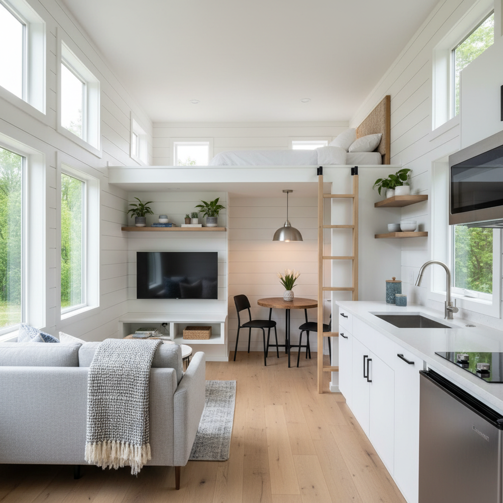 Image of a beautifully staged tiny home interior showing open space usability.