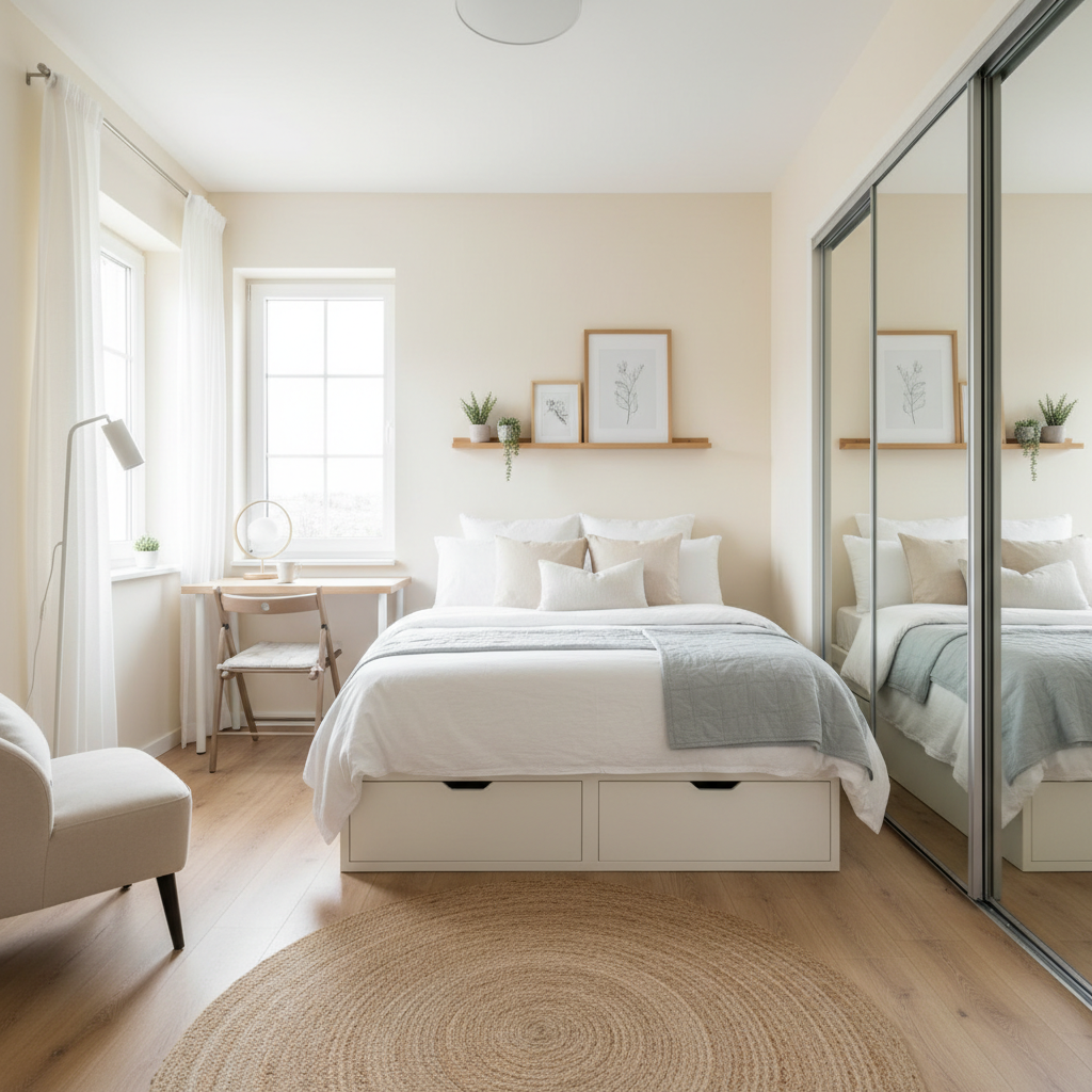 Image demonstrating a small bedroom optimally staged with light colors and space-saving furniture.