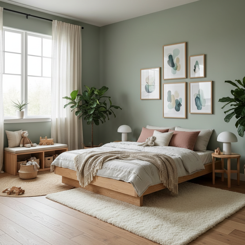 Example of a Japandi-style kids bedroom with natural wood furniture and soft colors.