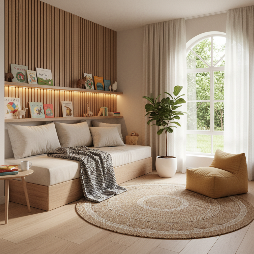 Visualization of a reading nook in a Japandi-style kids bedroom.
