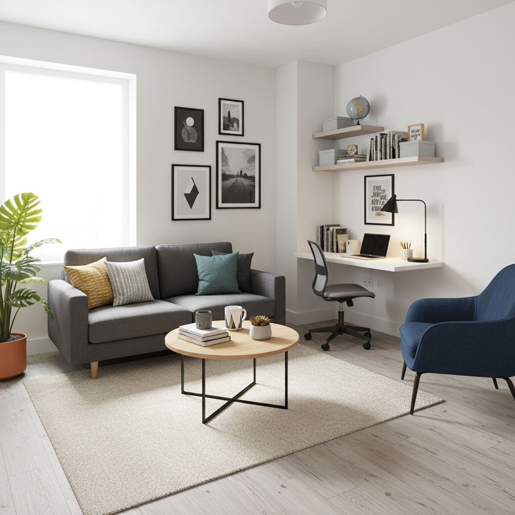 Provide an image of a virtual staged student apartment showcasing a small living space.