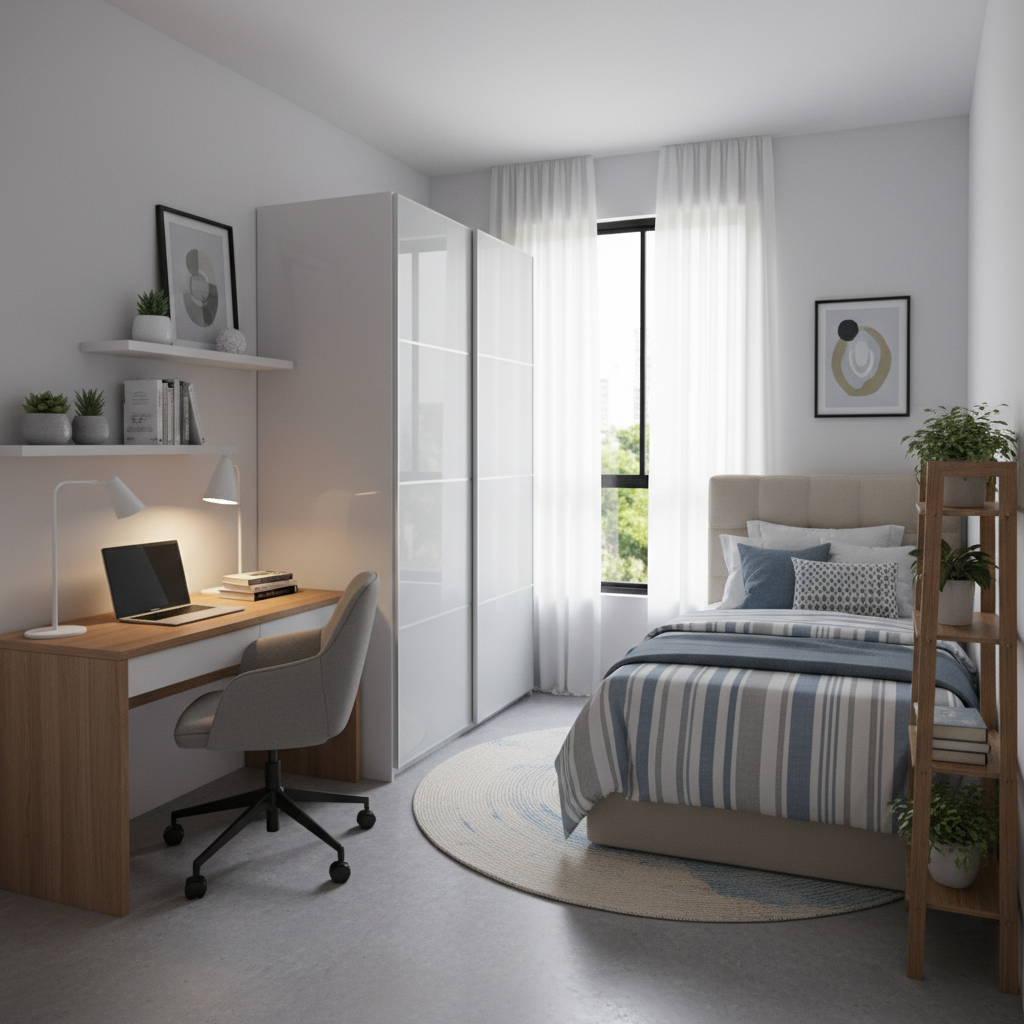 Show a virtual staged bedroom suitable for a student with work and sleep areas.