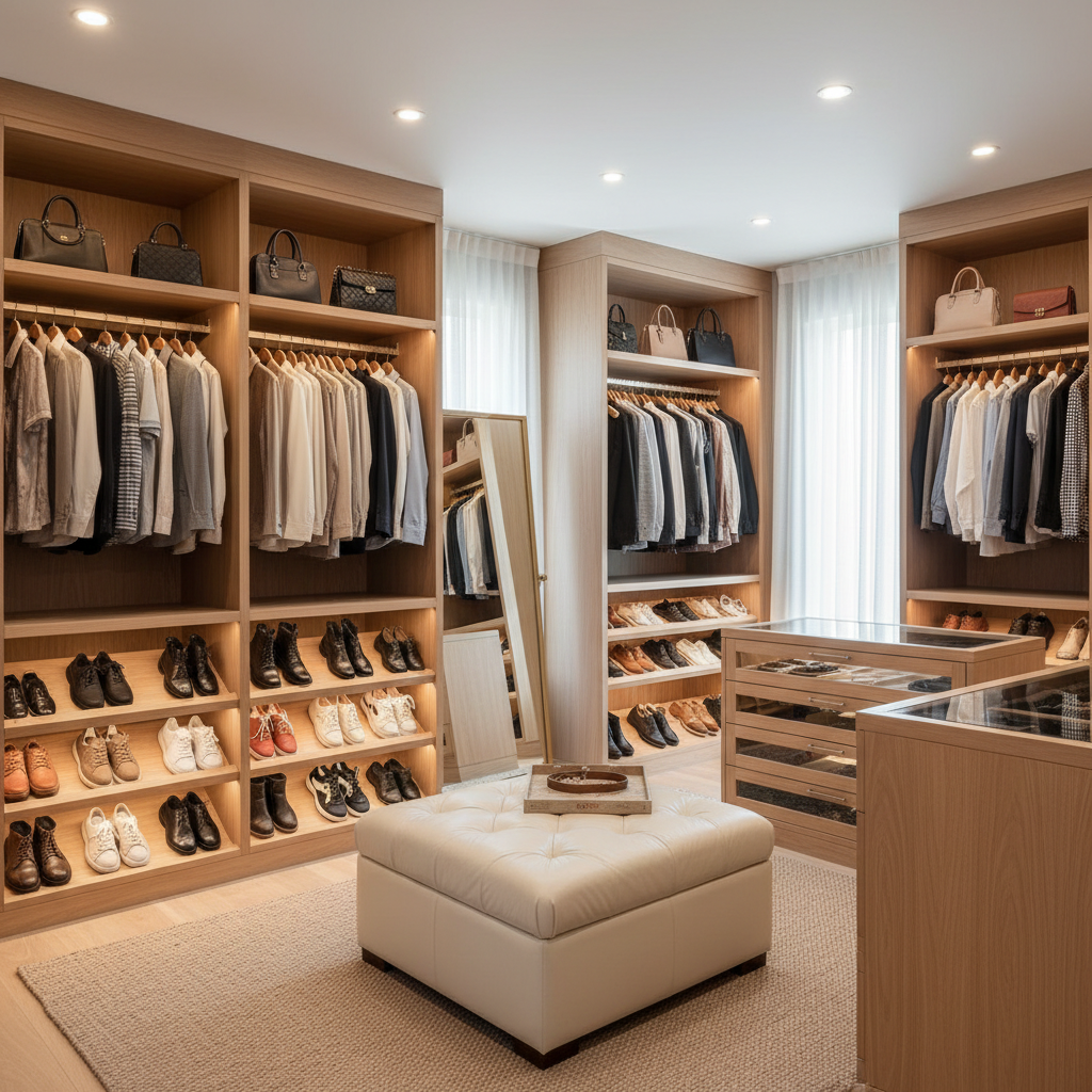 Spacious walk-in closet with organized clothing and shoes