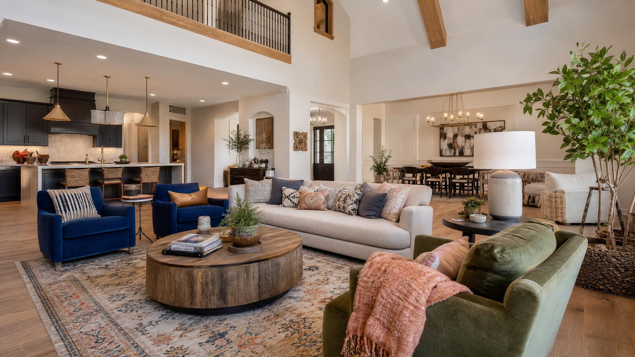 Eclectic open-plan living room showcasing various color combinations.