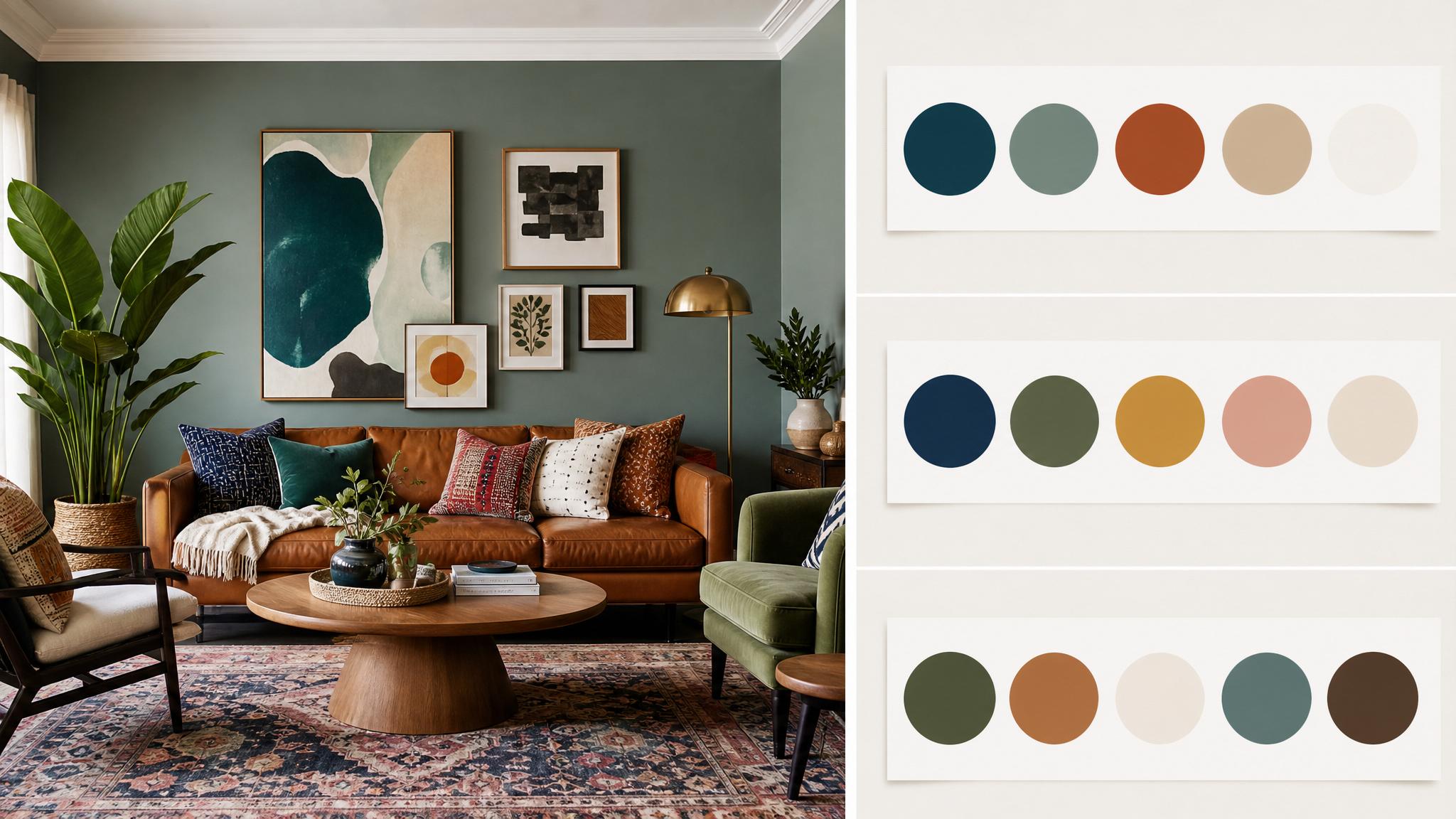 Illustration of color palettes for eclectic living room designs.