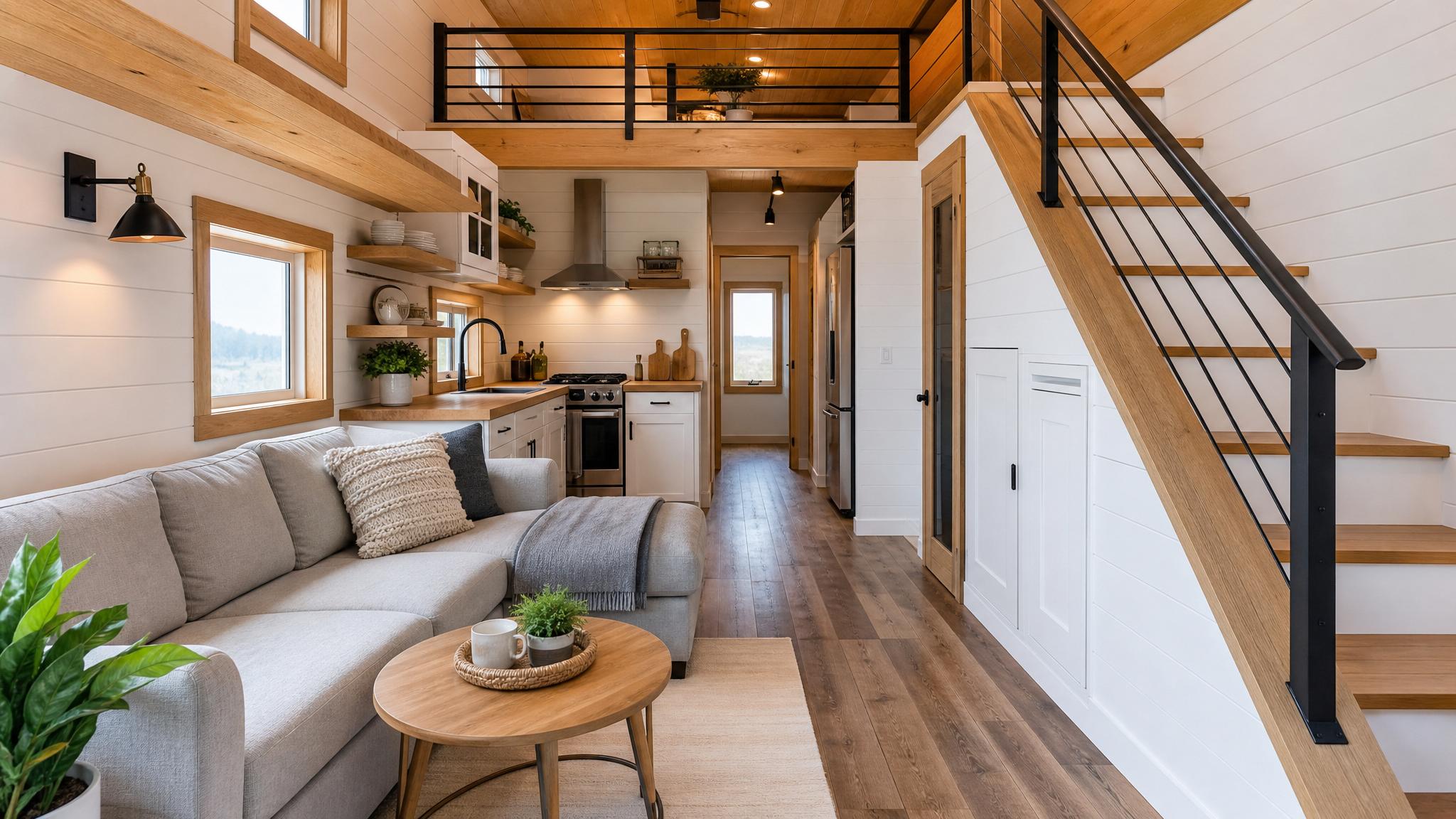 A beautiful open-plan living space in a tiny home showcasing integrated areas.