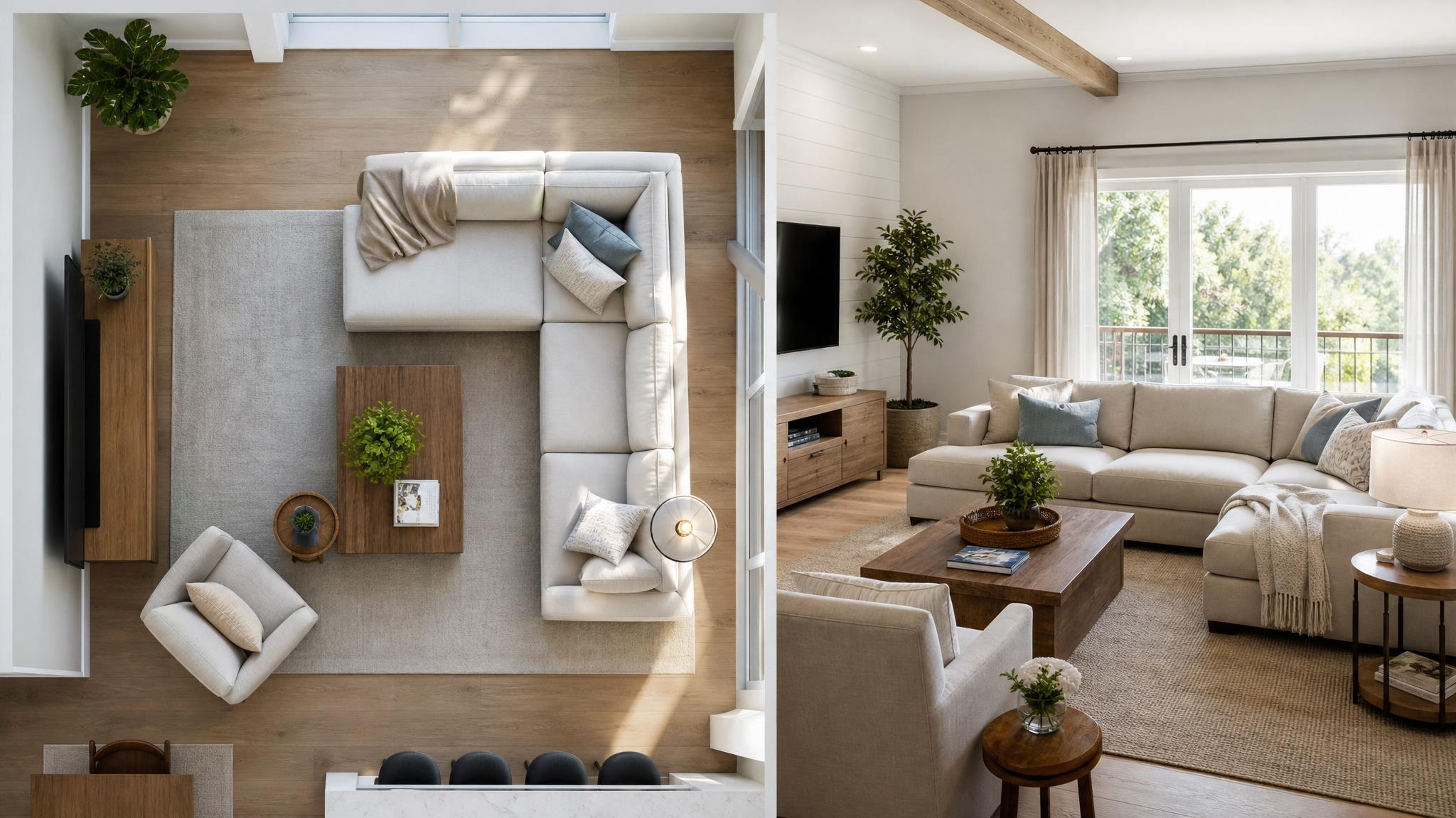 Diagram showing a cozy corner layout for an open-plan living room.