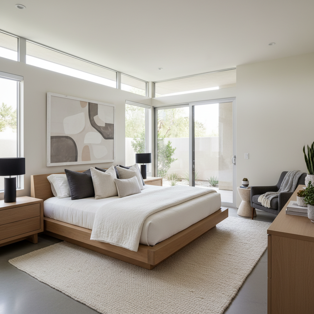 California modern guest bedroom with sleek furniture and neutral color palette.