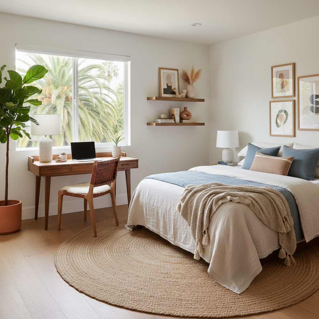 Cozy California modern guest room showcasing a workspace and stylish decor.