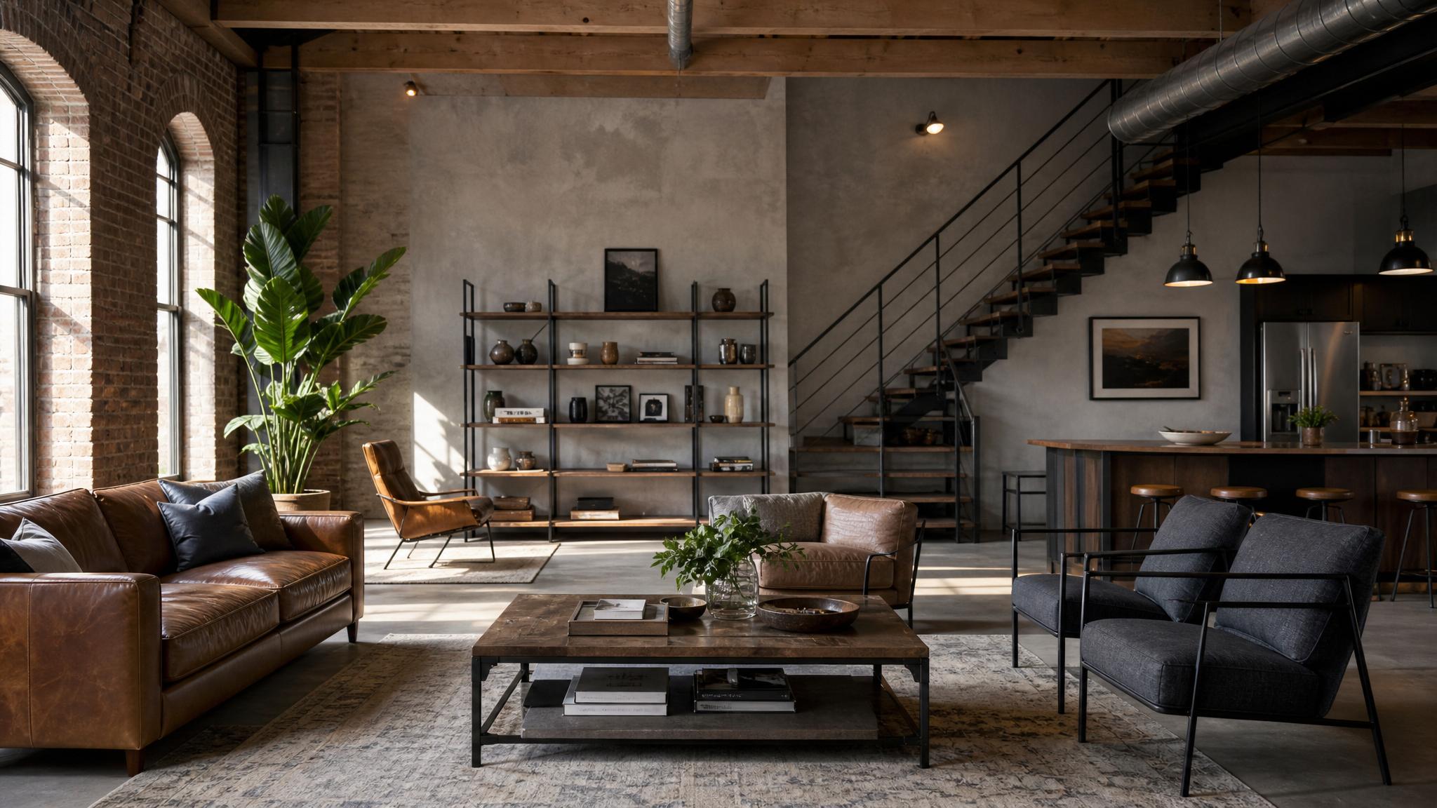Image of an industrial living room showcasing various furniture pieces.