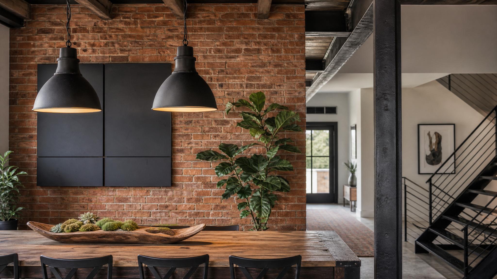 Image of industrial-style lighting and decor elements.