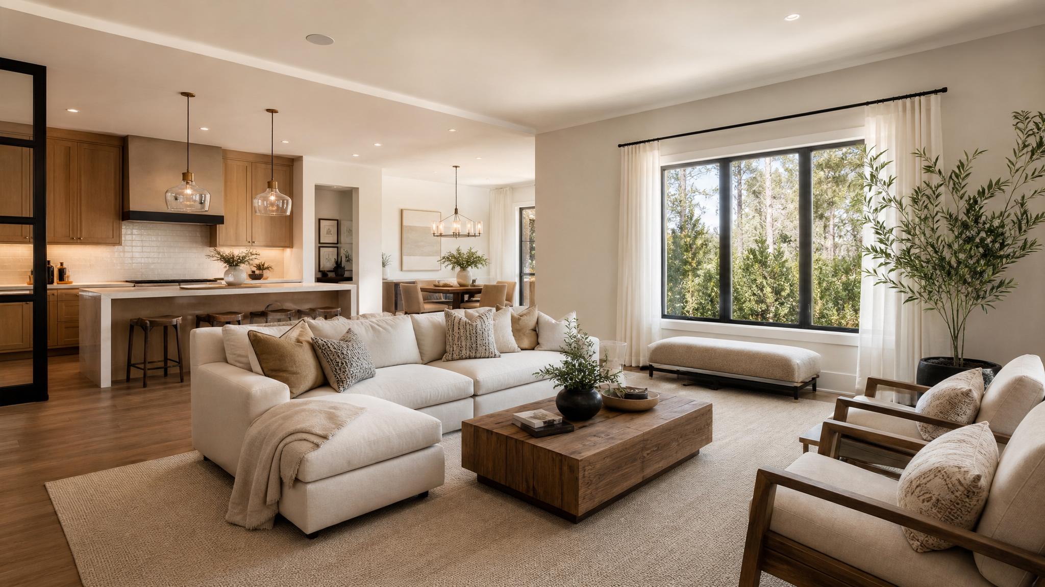 A serene open-plan living room with neutral tones and modern furniture.