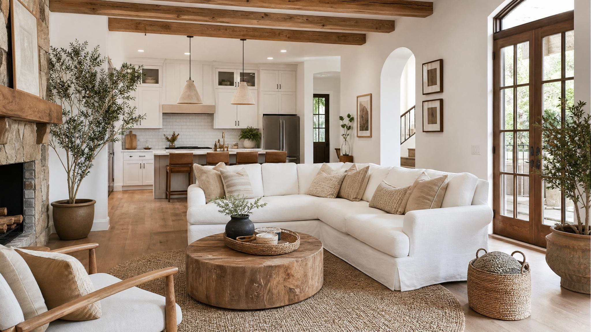 A cozy open-plan living room featuring soft whites and earthy beiges.