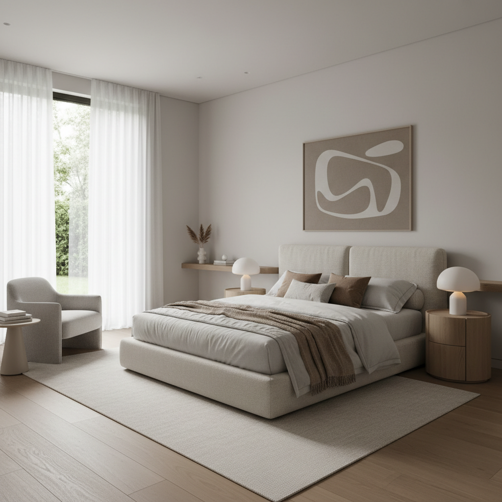 A serene minimalist bedroom with a neutral color palette and clean lines.