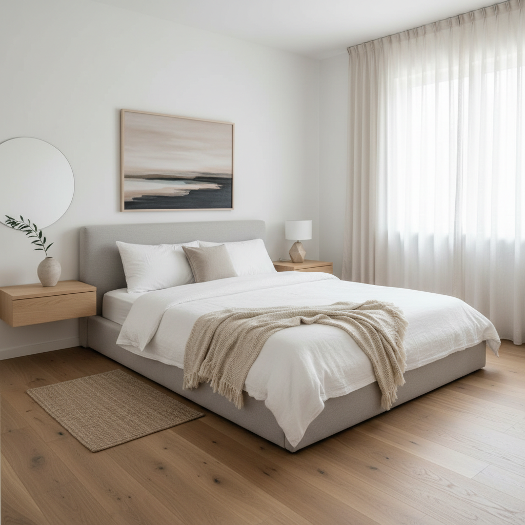 An example of AI-generated minimalist bedroom design showcasing a bed, bedside table, and simple decor.