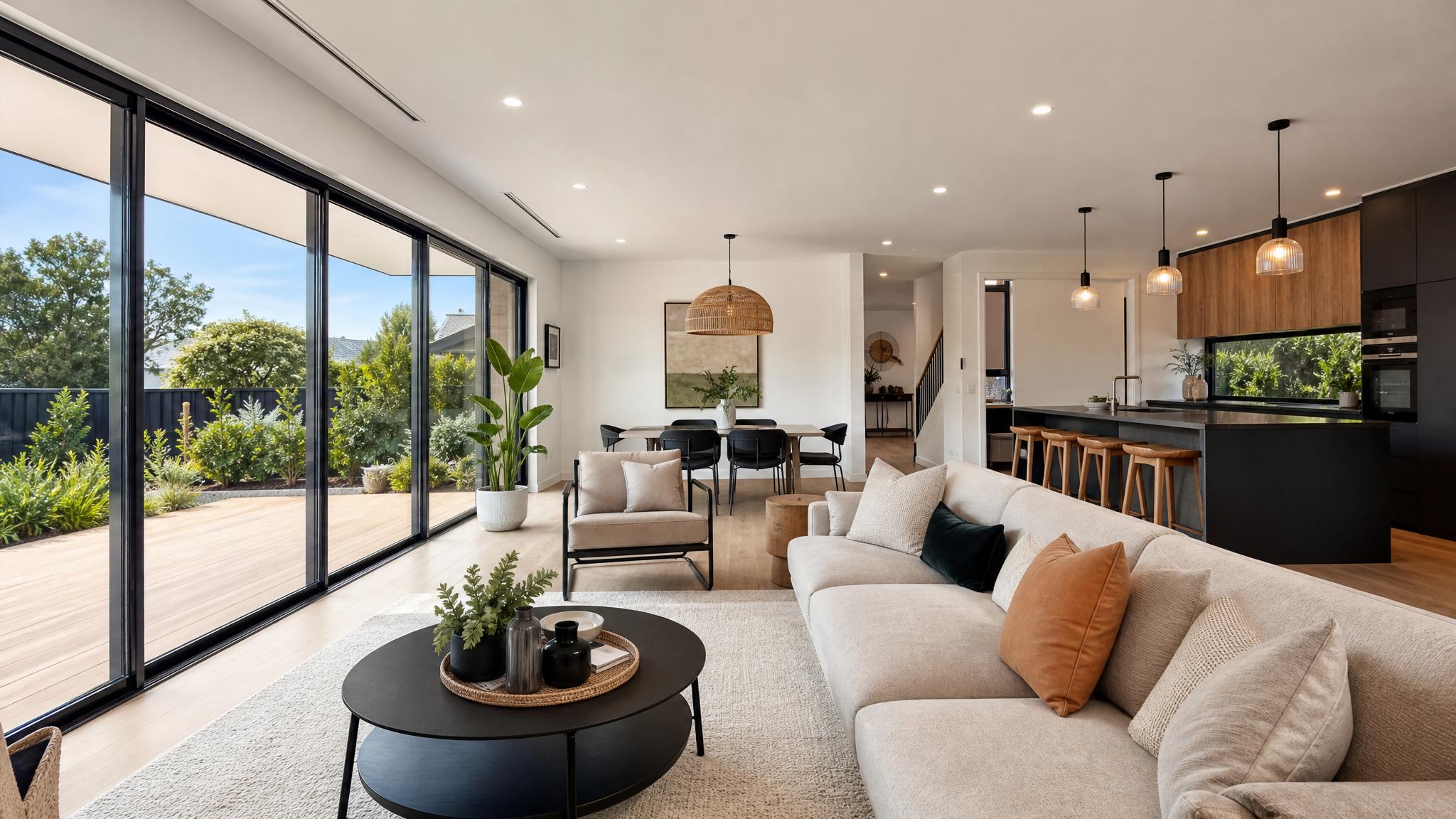 Stunning modern open-plan living room with large windows and minimalist furniture.