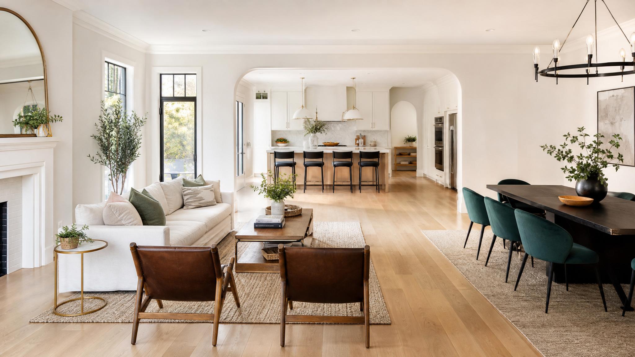 Open-plan living room showing a harmonious color palette with neutral tones and vibrant accents.