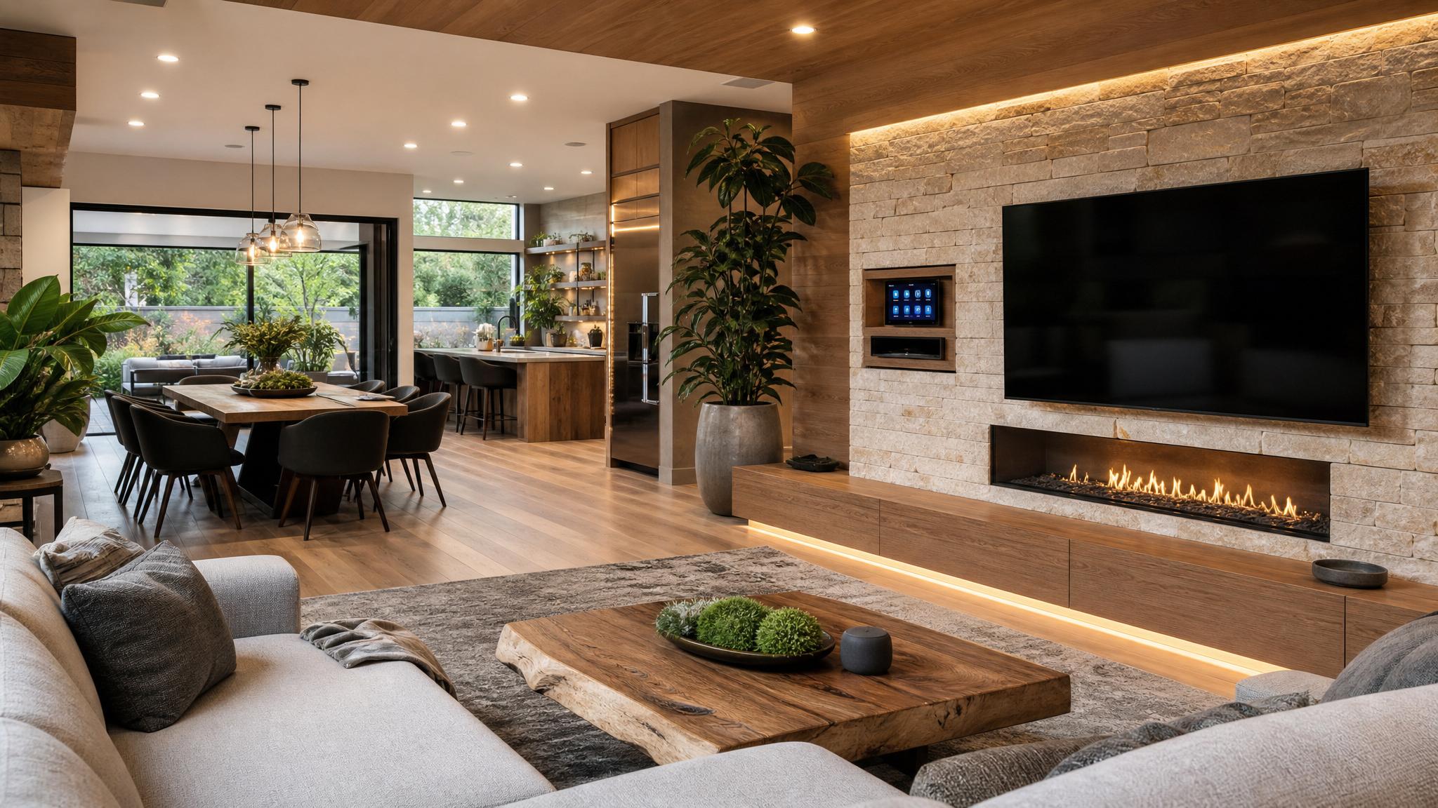 Modern open-plan living room showcasing biophilic decor and integrated technology.