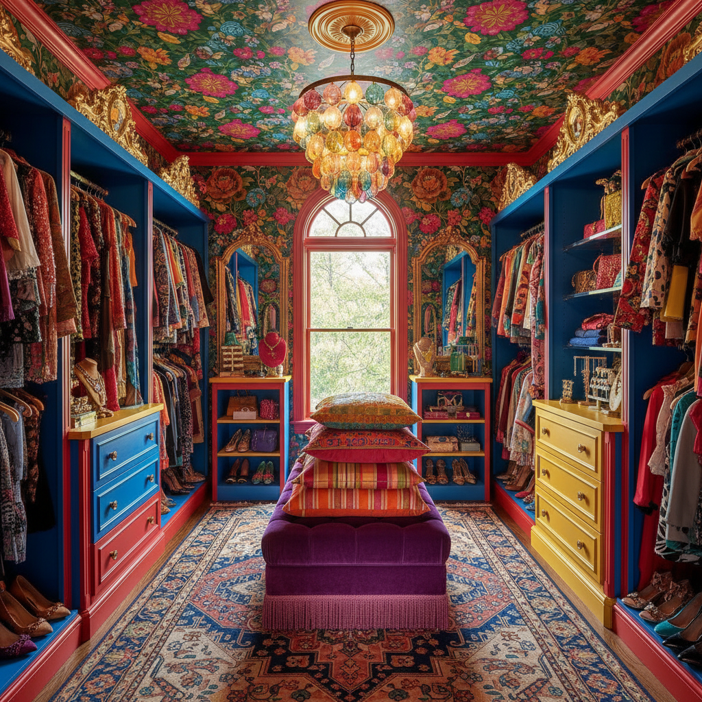 Image of a beautifully designed maximalist walk-in closet showcasing vibrant colors and patterns.