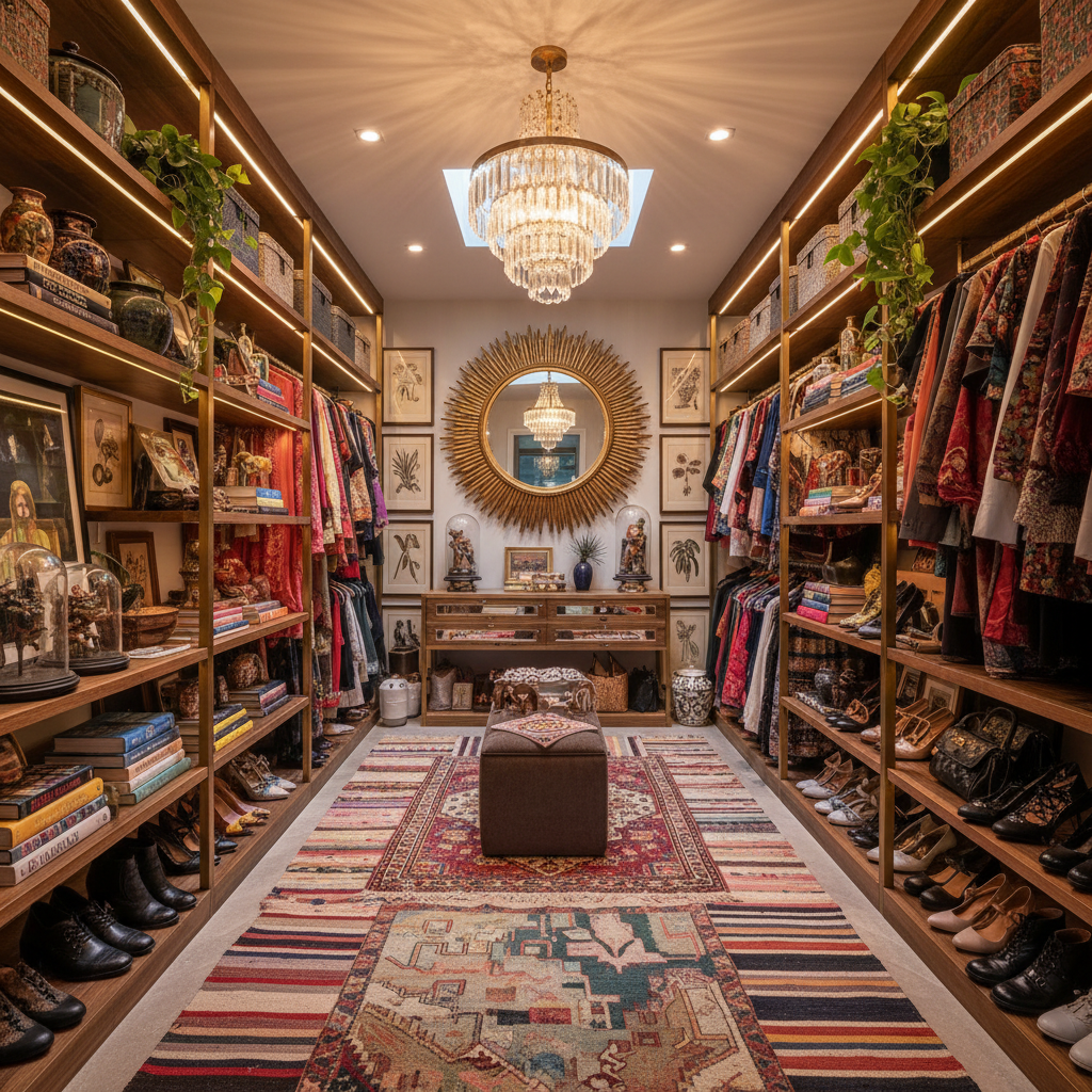 Image of vibrant textured rugs and eclectic shelves within a maximalist walk-in closet.