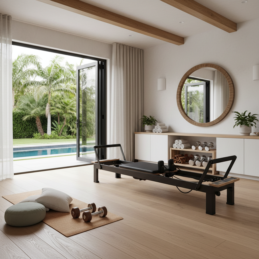 A beautifully designed modern home gym with California style.