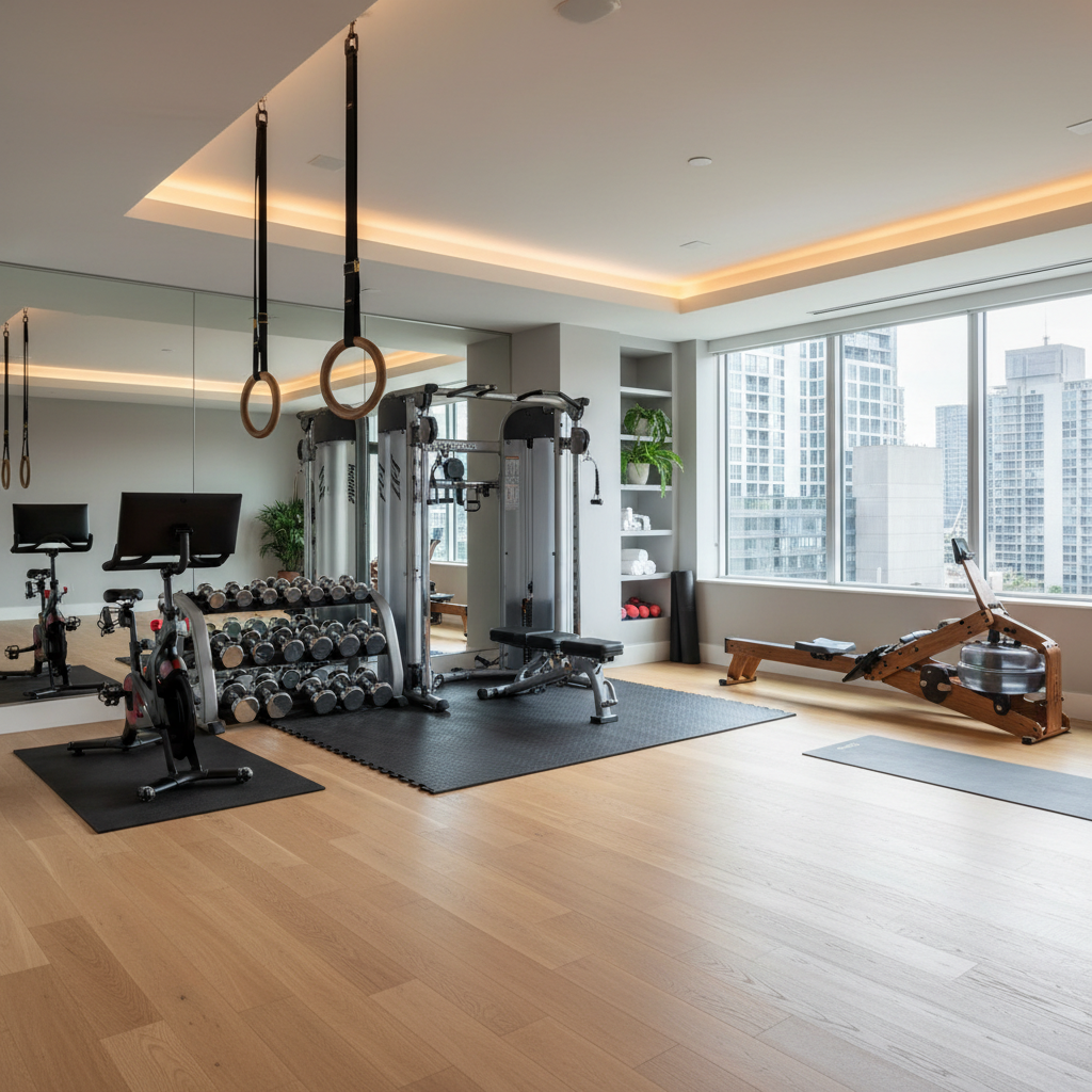 Example of furniture and equipment layout in a modern home gym.