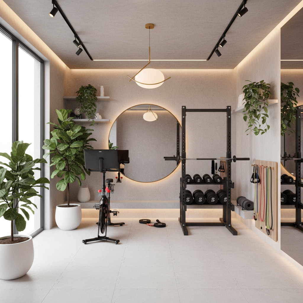 Decorative elements like plants and lighting options suitable for a modern home gym.