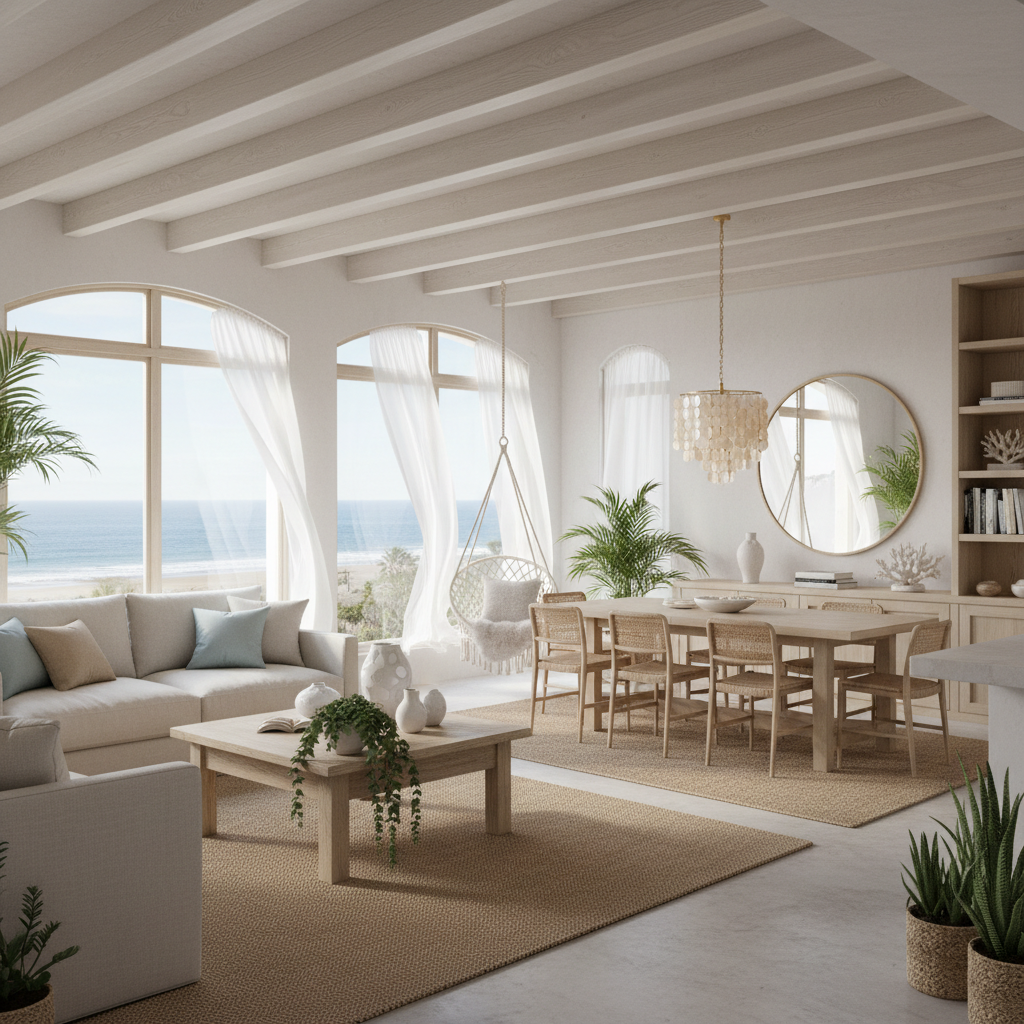 Image of a coastal loft interior design showcasing light colors and natural materials.